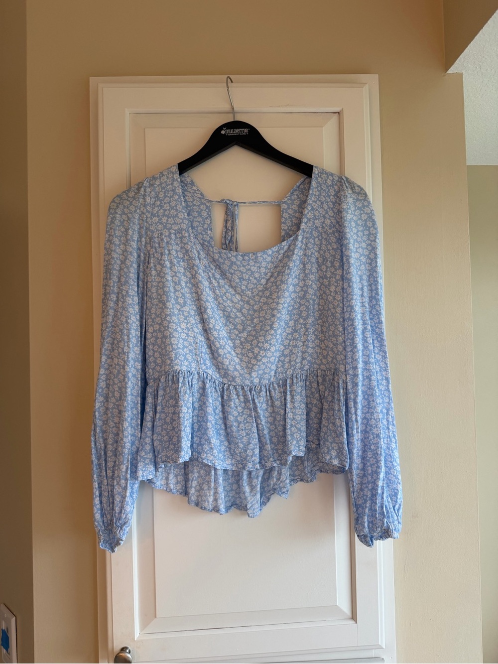 Light Blue Floral Peasant Blouse with Ruffle Hem